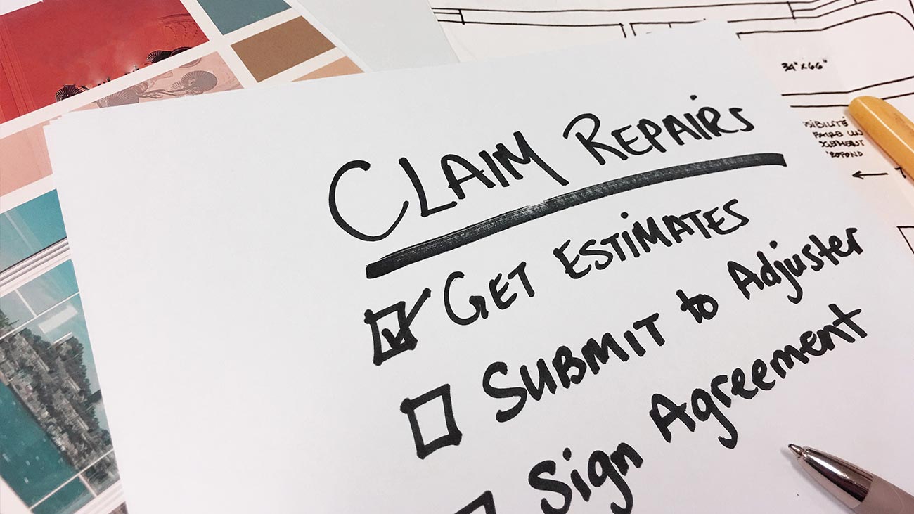 A checklist illustrates the insurance claims and repair process, including finding a public adjuster.