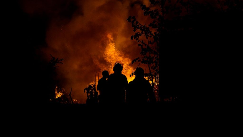 Firefighters are silhouetted against a blazing wildfire, illustrating the concepts of wildfire damage survivors