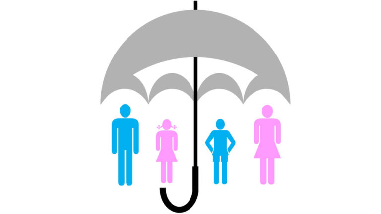 An umbrella symbolizing insurance covering a family