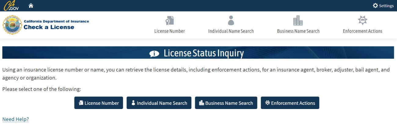 Check a license at California Department of Insurance