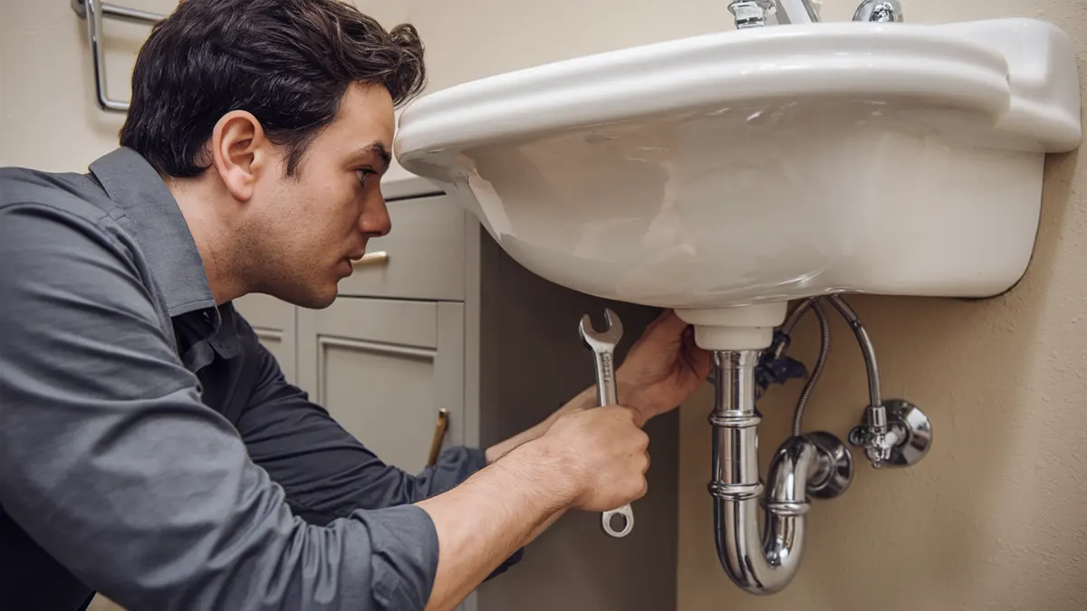 man maintaining sink adjusting plumbing