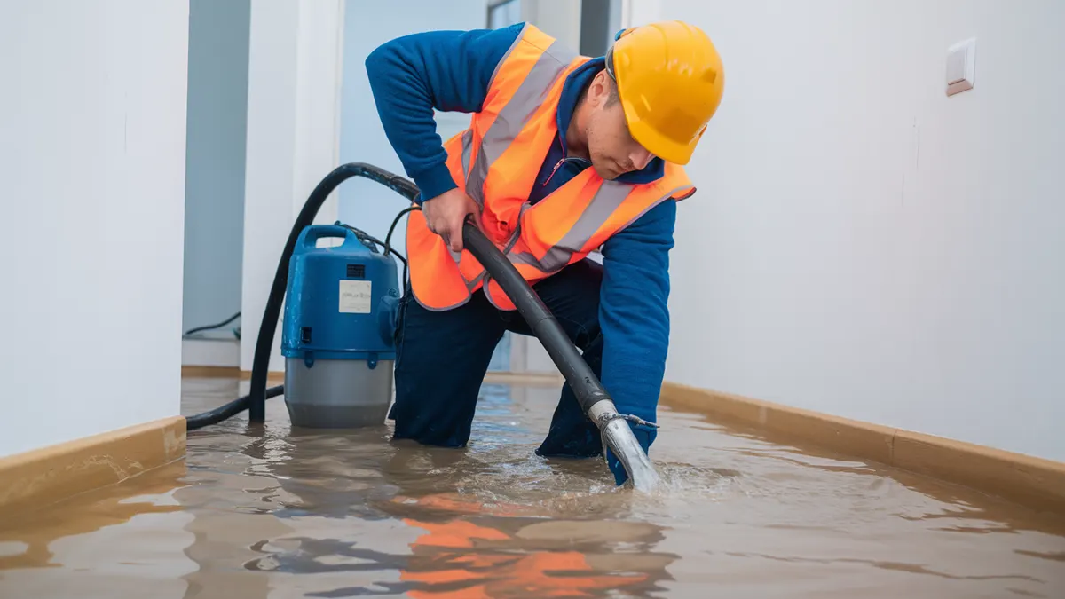 man using pump draining flooded room