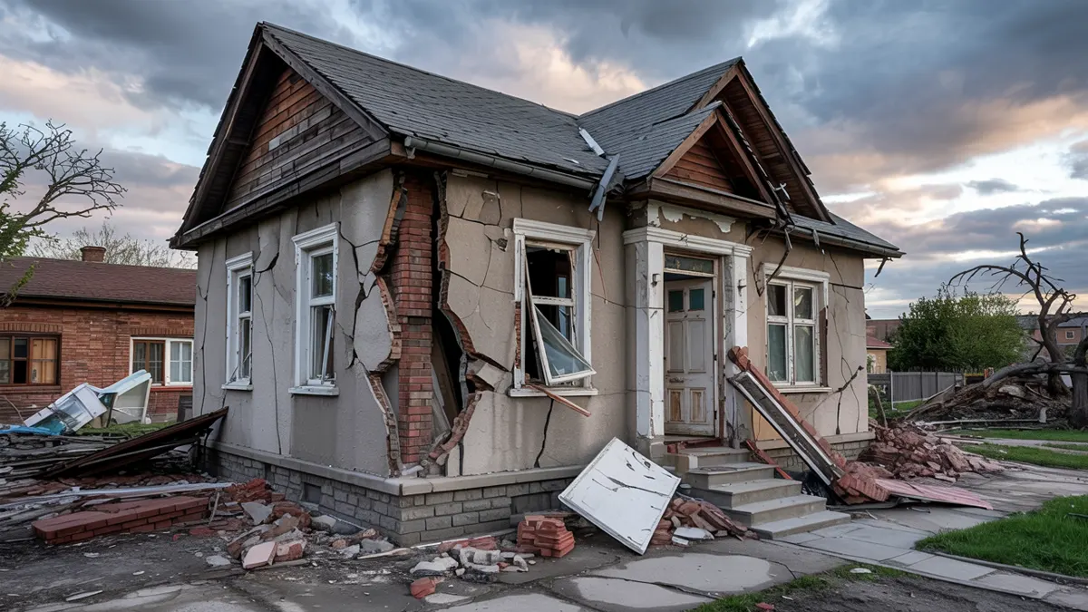 Severely damaged house with cracked walls, broken windows, and fallen debris, indicating structural destruction possibly from a natural disaster