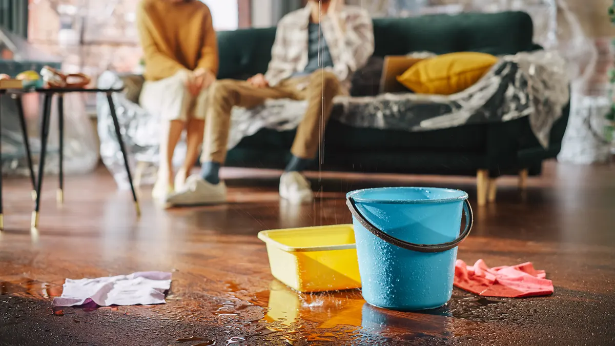 Buckets catching water from a ceiling leak in a living room, with a worried couple sitting on a covered couch in the background
