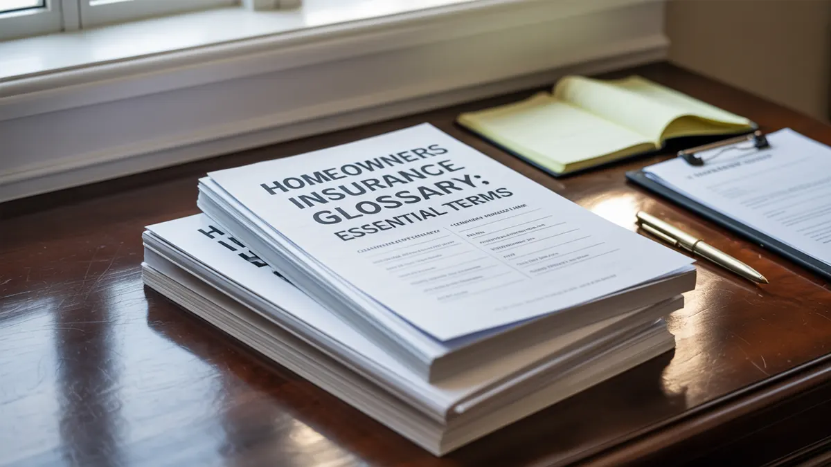 Stack of booklets titled 'Homeowners Insurance Glossary: Essential Terms' on a polished wooden desk, next to a clipboard, notebook, and gold pen by a sunlit window