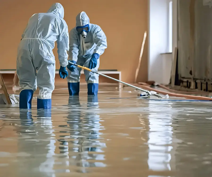 bacteria laden black water inside a house professionals evaluating situation with suits