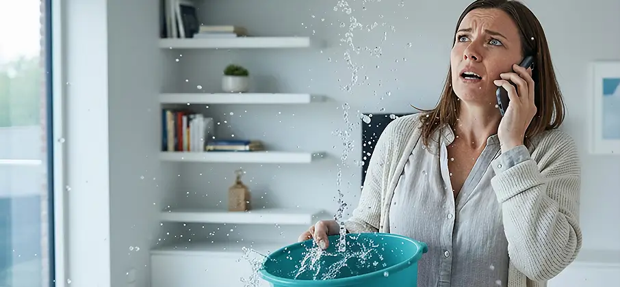 woman calling for help water damage horizontal shot