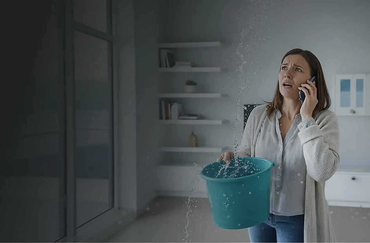 woman on the phone holding a bucket of water in a home