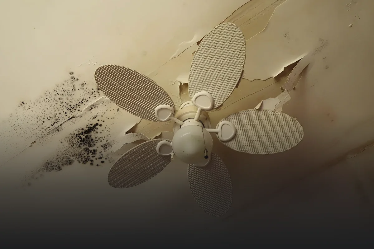 ceiling fan with peeling paint and mold from water damage