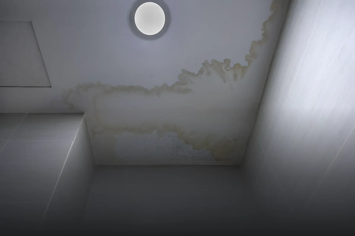 water-stained ceiling corner above a bathroom wall