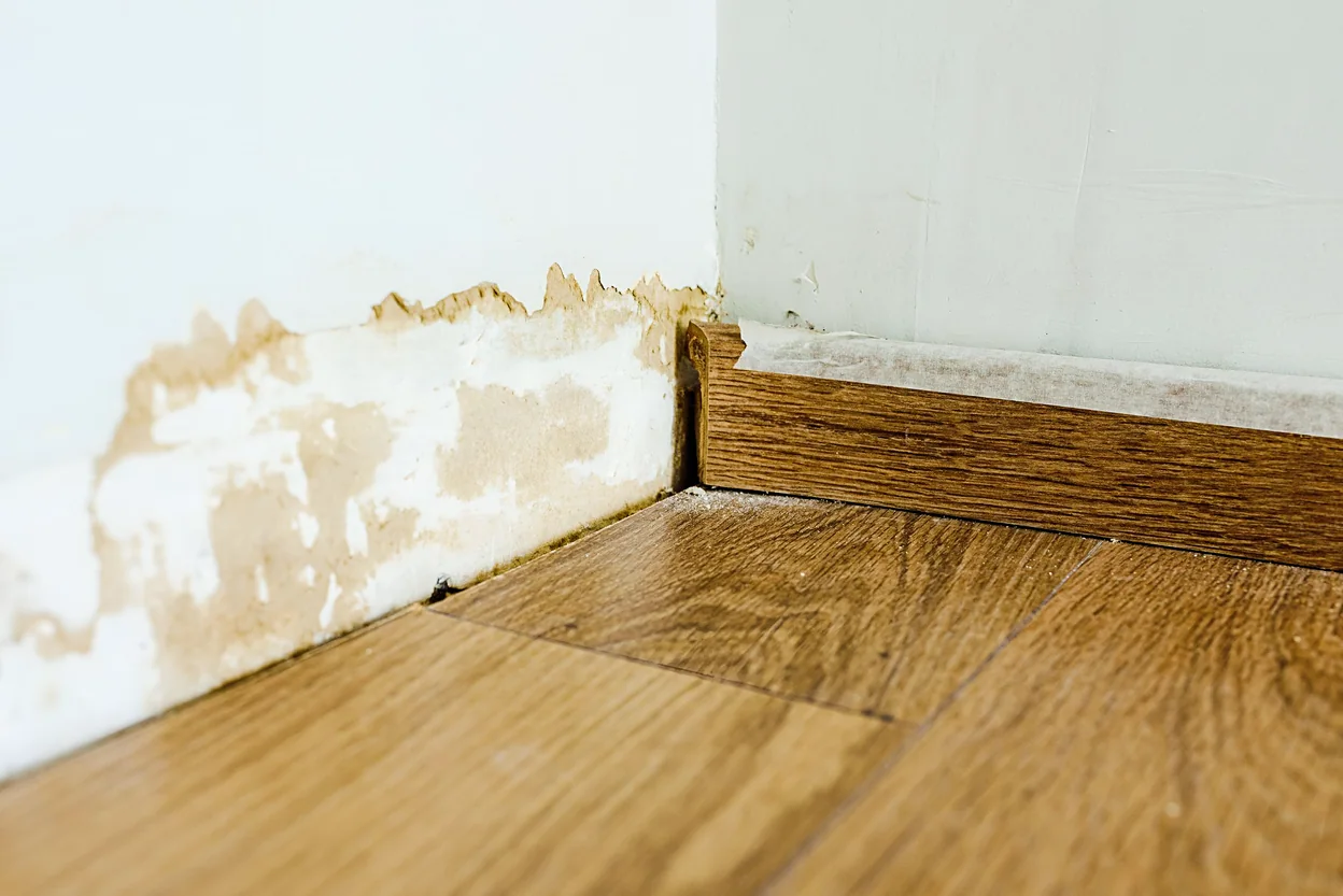 water-stained baseboard and warped wood flooring