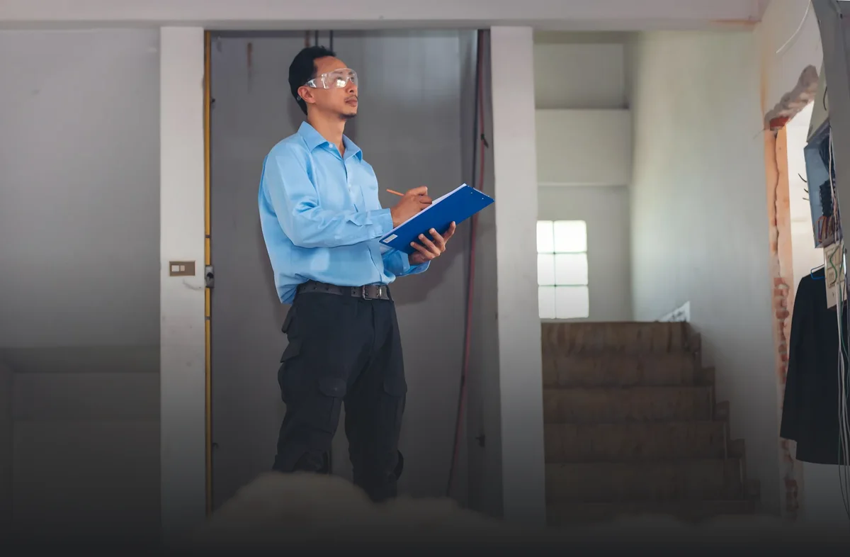inspector with a clipboard assessing a water-damaged home