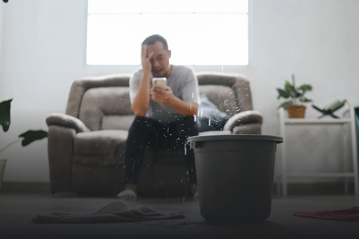 man sitting on a couch next to a bucket catching a leak